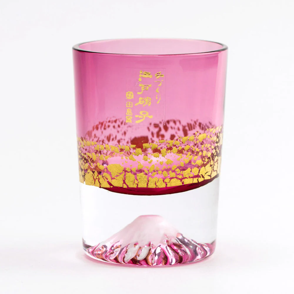 EDO GLASS Gold Leaf Fuji,Creative Mt. Fuji Cold Sake Glass  with wooden box TG20-016-1 GP golden red