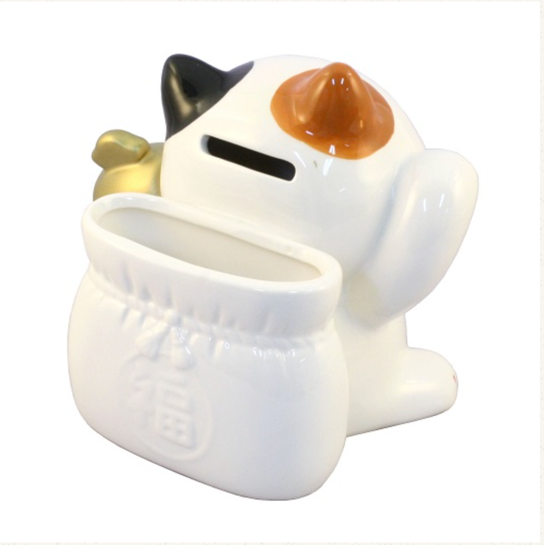 日本 薬師窯 貯金箱 幸せ招き猫 储钱罐 招财猫摆件 中号 H13×W14.5×D12cm SN-040