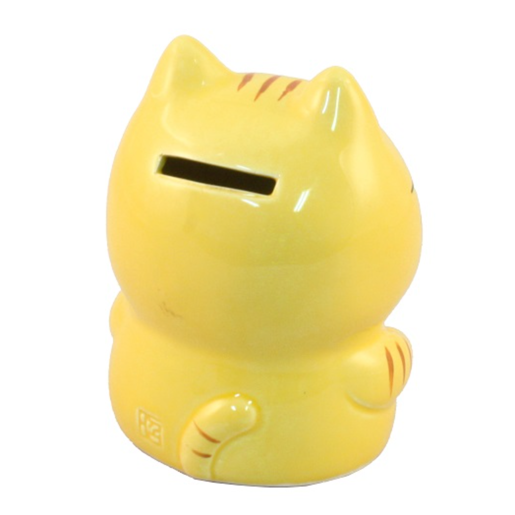 日本 薬師窯 貯金箱 储钱罐 可爱的大眼睛黄色招财猫摆件 H10.4×W8×D7.3cm SN-058