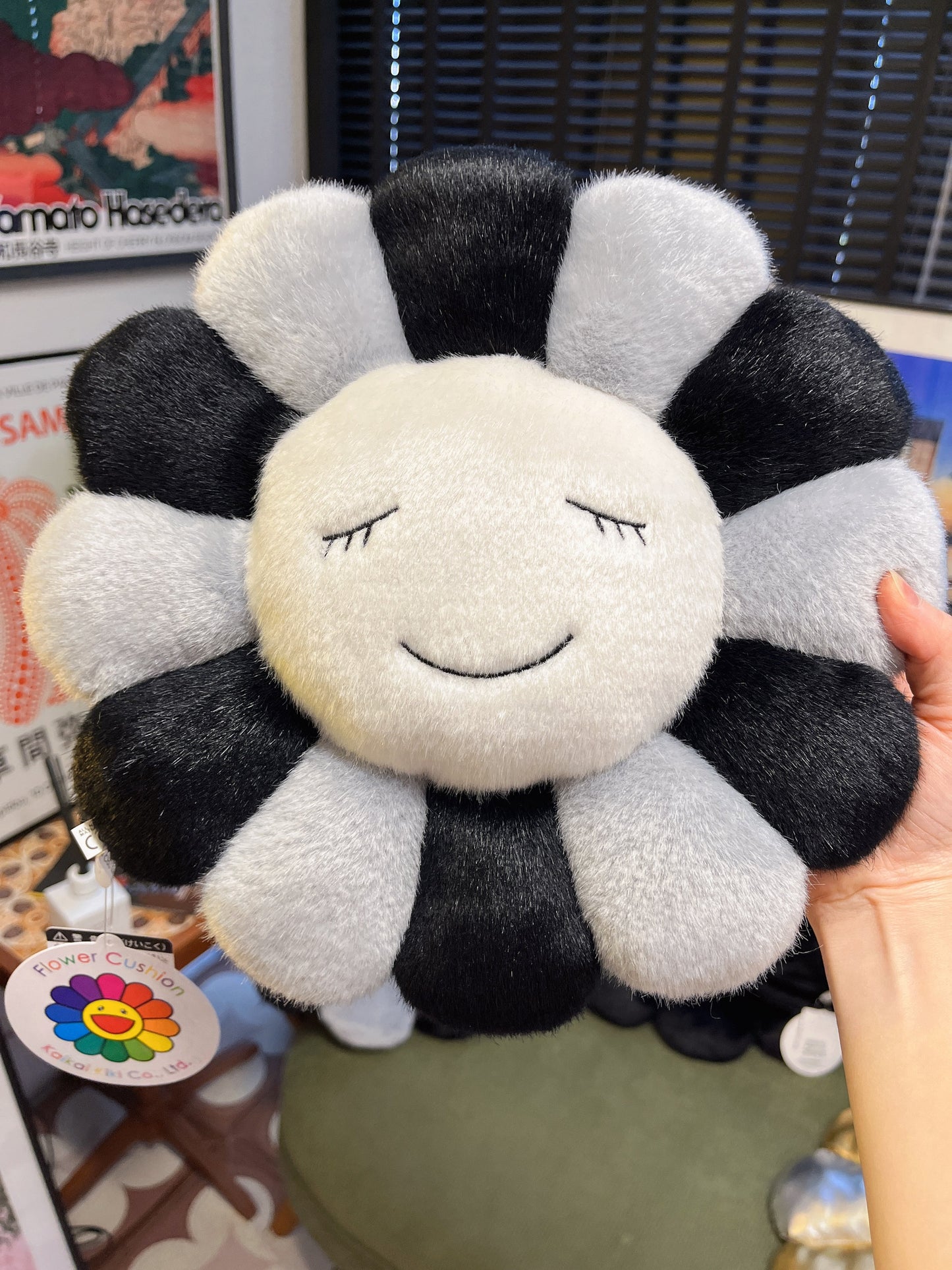 Takashi Murakami Sunflower Cushion – Grey & Black, 30cm