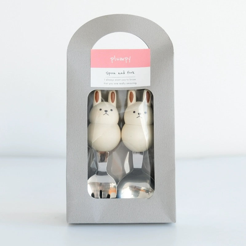 Japan Plumpy Animal Shape Stainless Steel Fork and Spoon Set, Natural Wood Handle, Japanese Cutlery, Multiple Animal Shapes to Choose from