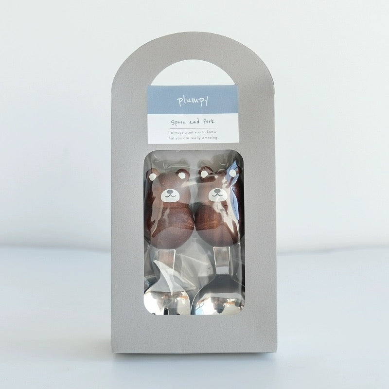 Japan Plumpy Animal Shape Stainless Steel Fork and Spoon Set, Natural Wood Handle, Japanese Cutlery, Multiple Animal Shapes to Choose from