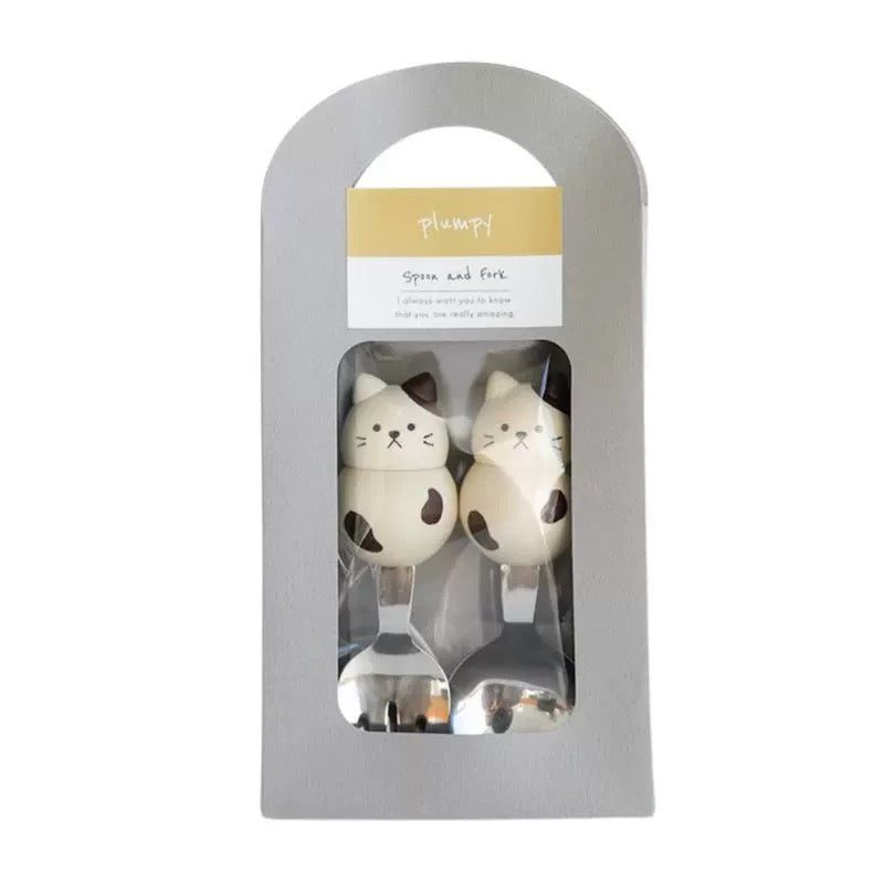 Japan Plumpy Animal Shape Stainless Steel Fork and Spoon Set, Natural Wood Handle, Japanese Cutlery, Multiple Animal Shapes to Choose from