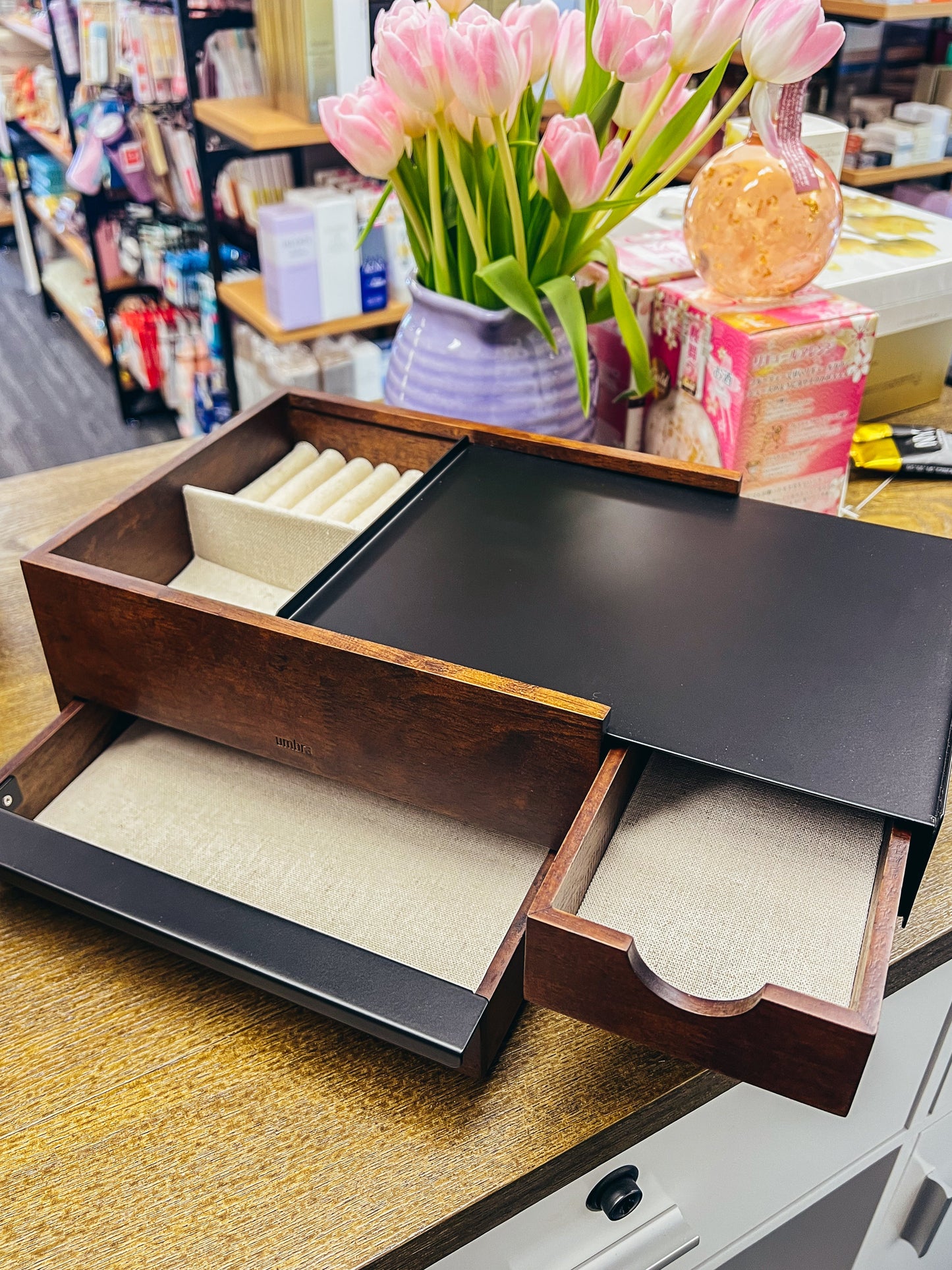 Walnut Wood Jewelry Box with Offset Drawer Design