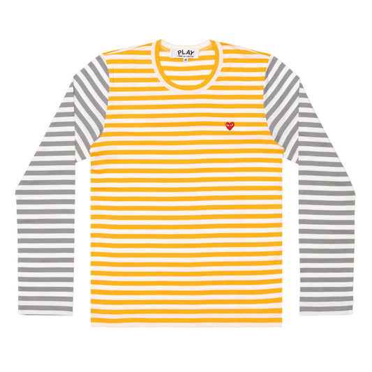 【Ms. PLAY】Play Comme Des Garçons Small Red Heart Striped L/S T-Shirt (Yellow X Gray) / PLAY Striped Longsleeve  （The size is small, after washing will also shrink try to buy big Oh!）