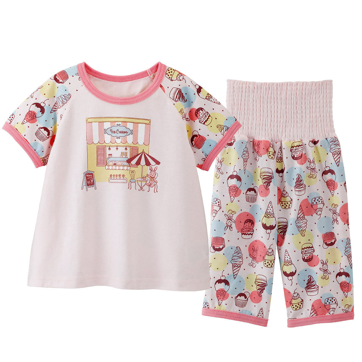 Combi Summer Pajamas – Ice Cream Shop Print Short Sleeve with High Waistband (Pink)