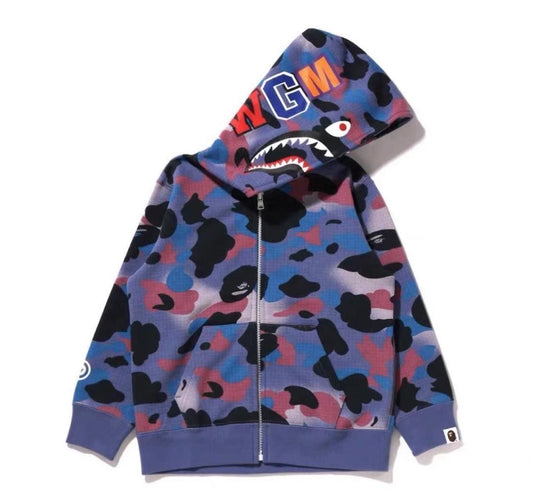 BAPE Children's Full Zip Hoodie, Grid Camo Shark Tiger Stripe Luminous Casual Hip Style