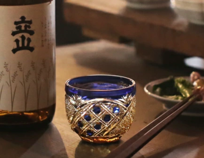 Japan,Yamada,Edo Kiriko「煌光」,Cold Sake Glass, AMBER BLUE, 85ml