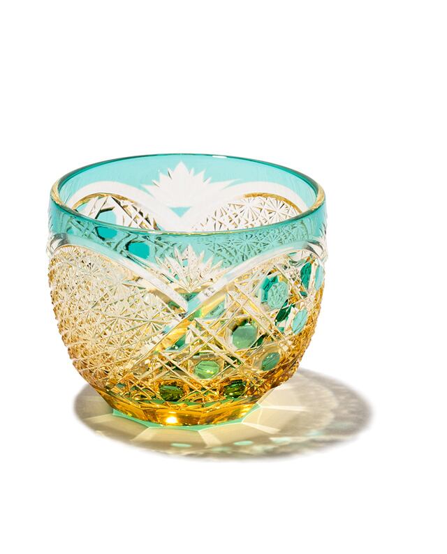 Japan,Yamada,Edo Kiriko「煌光」,Cold Sake Glass,  Amber Streak Green, 85ml
