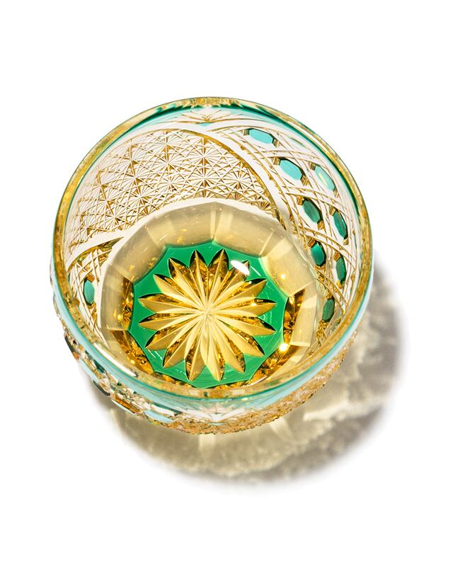 Japan,Yamada,Edo Kiriko「煌光」,Cold Sake Glass,  Amber Streak Green, 85ml