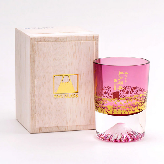 EDO GLASS Gold Leaf Fuji，Creative Mt. Fuji Cold Sake Glass  with wooden box TG20-016-1 GP golden red