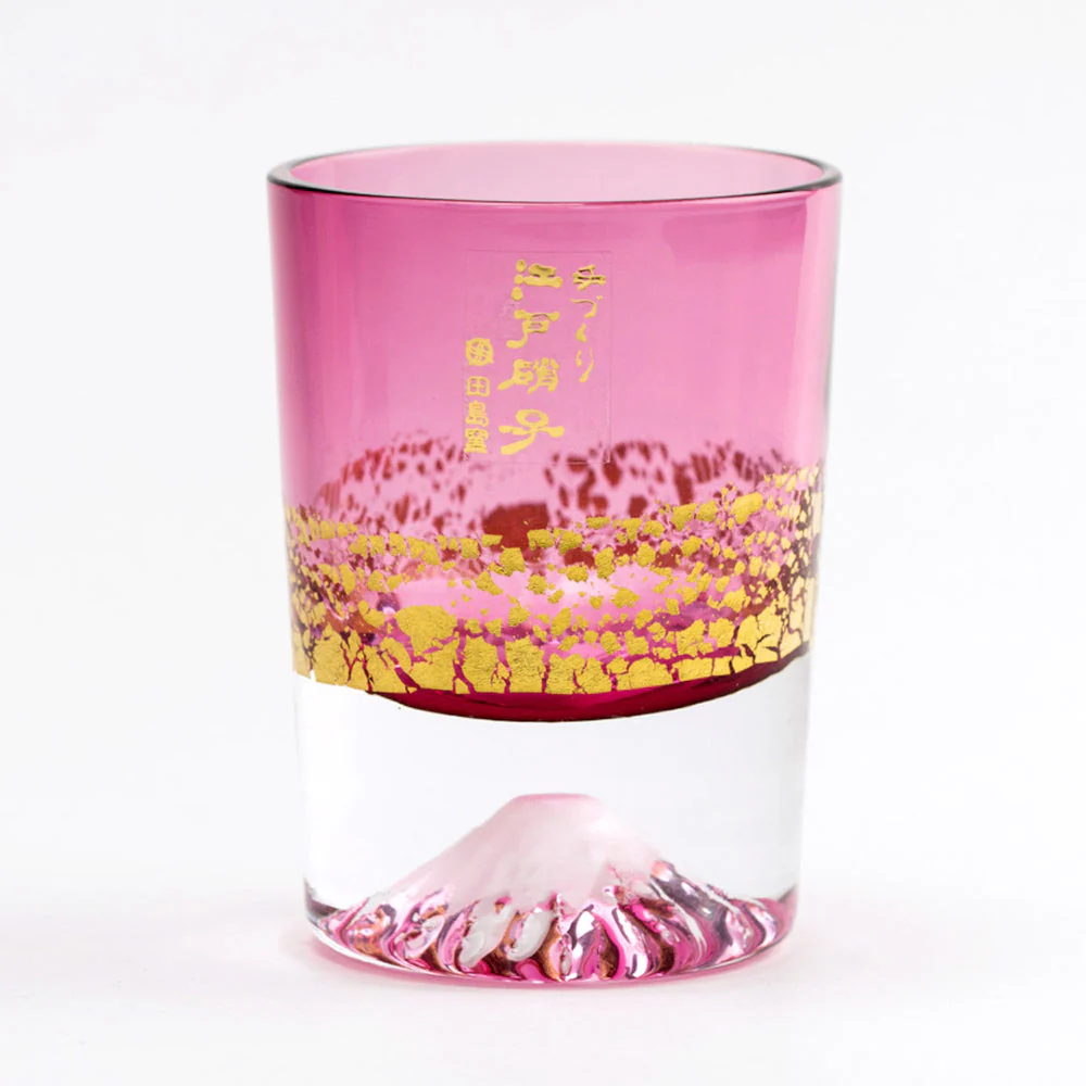 EDO GLASS Gold Leaf Fuji，Creative Mt. Fuji Cold Sake Glass  with wooden box TG20-016-1 GP golden red