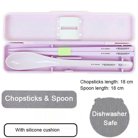 Japan Sanrio Series Kuromi Kids Antibacterial Silent Portable Cutlery Set Chopsticks + Spoon Set