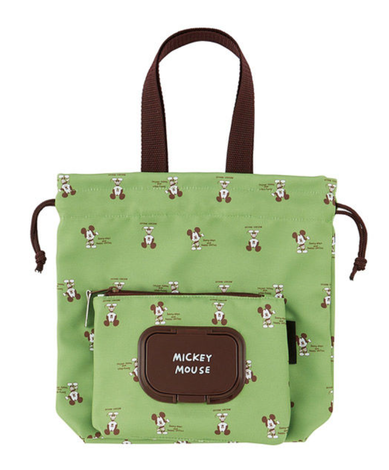 Skater Mickey Mouse Drawstring Lunch Tote Bag with Wipes Pocket – Green