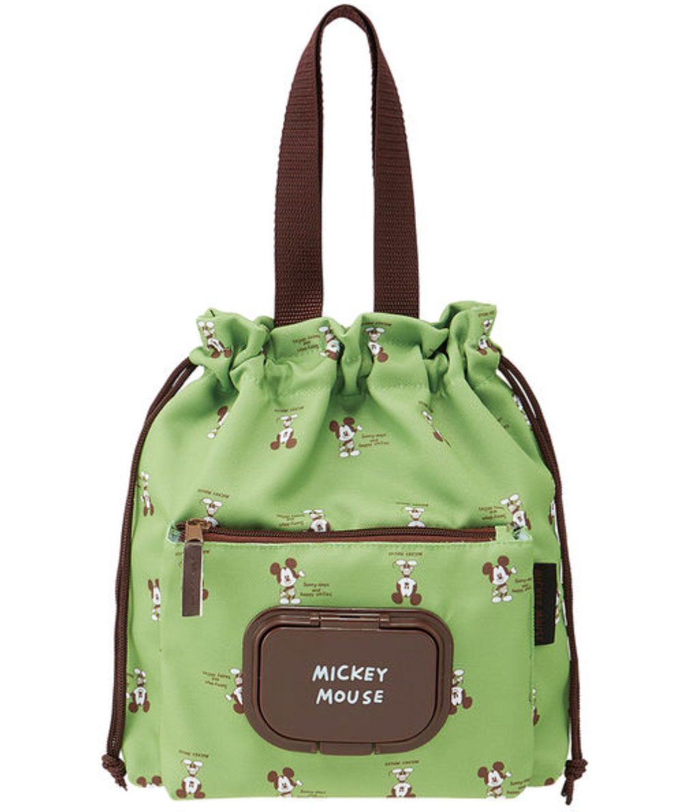 Skater Mickey Mouse Drawstring Lunch Tote Bag with Wipes Pocket – Green