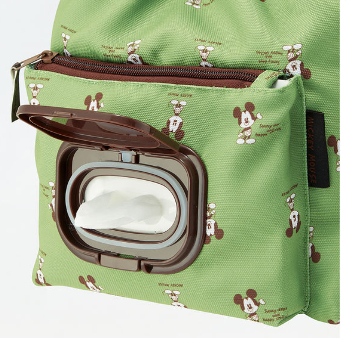 Skater Mickey Mouse Drawstring Lunch Tote Bag with Wipes Pocket – Green