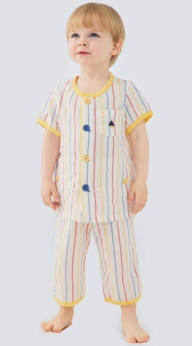 Combi Summer Pajamas – Short Sleeve Front-Button Gauze Set with Colorful Stripes
