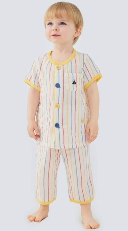 Combi Summer Pajamas – Short Sleeve Front-Button Gauze Set with Colorful Stripes