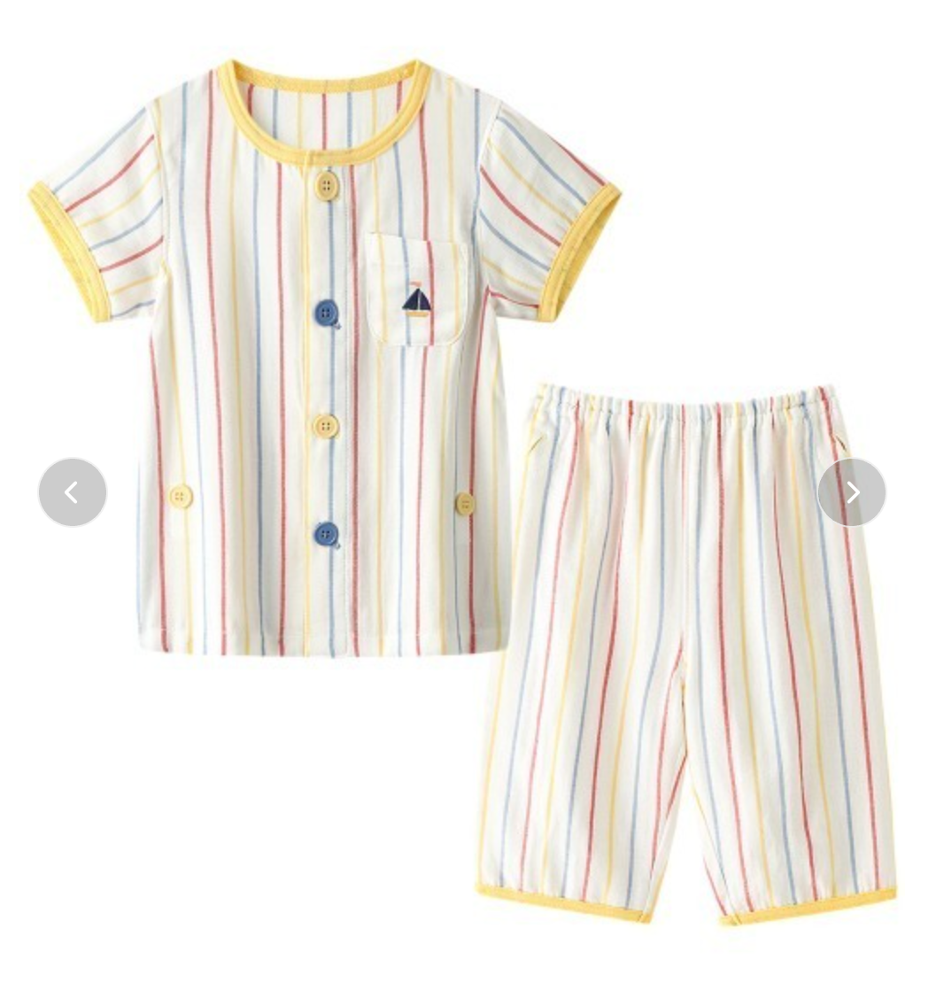 Combi Summer Pajamas – Short Sleeve Front-Button Gauze Set with Colorful Stripes