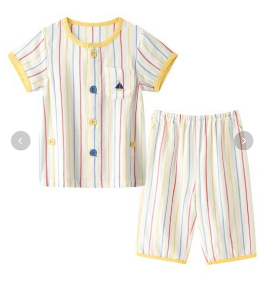 Combi Summer Pajamas – Short Sleeve Front-Button Gauze Set with Colorful Stripes