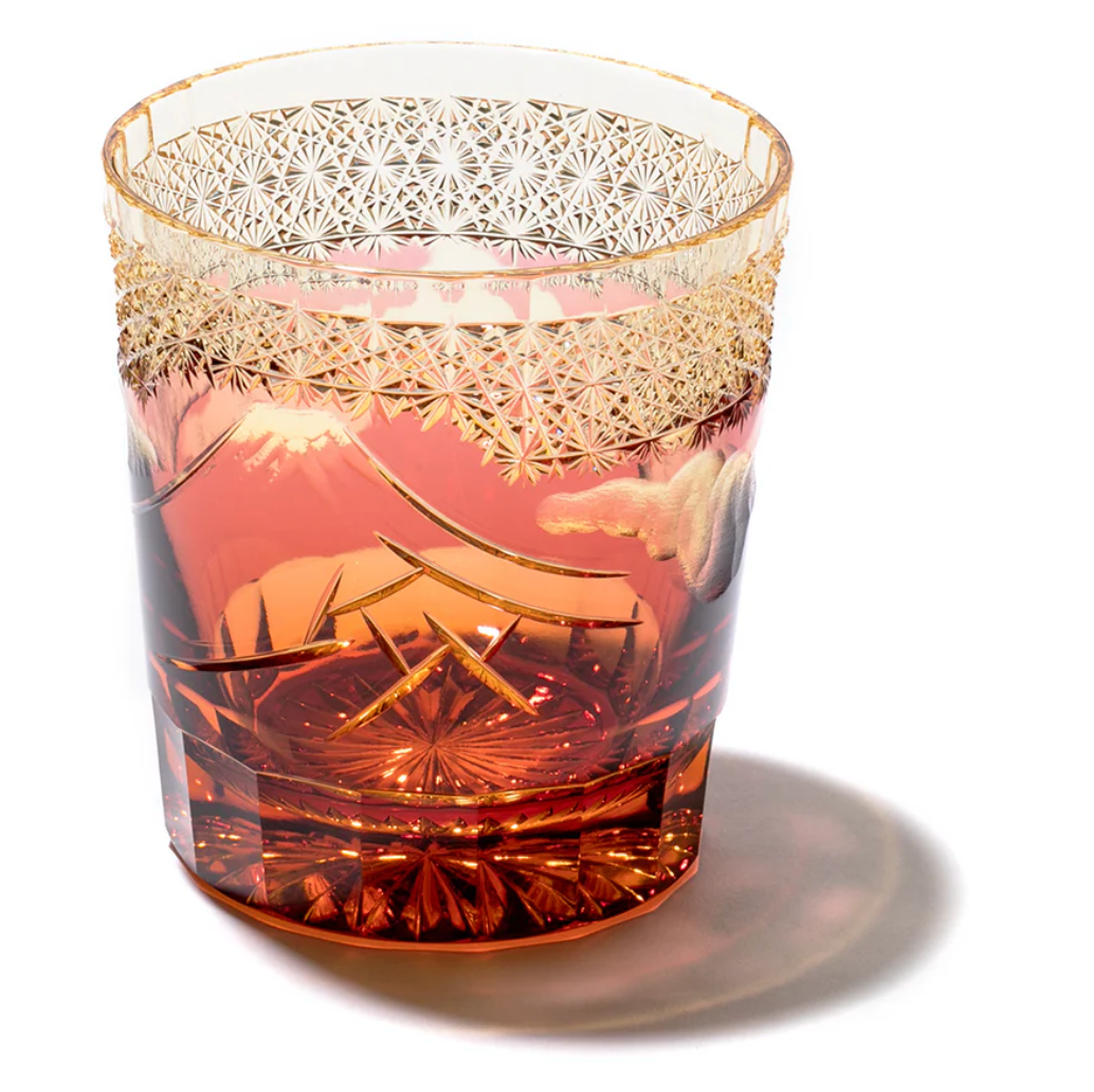 Yamada Glass Edo Kiriko “Shower Beneath the Mountain” Series Whiskey Glass – Amber Gold Red (260ml)