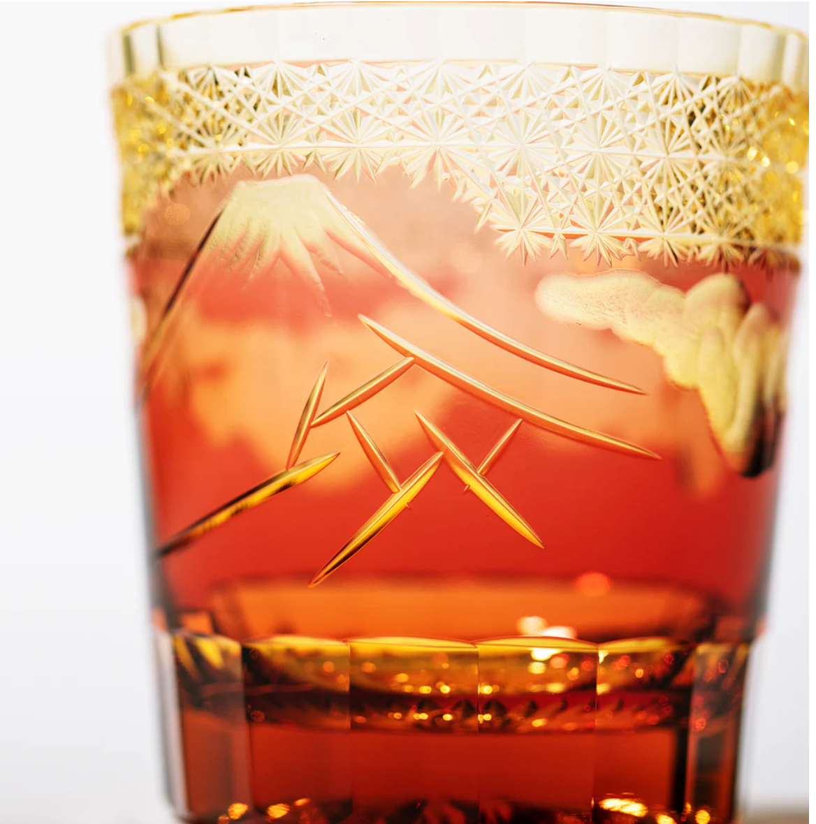 Yamada Glass Edo Kiriko “Shower Beneath the Mountain” Series Whiskey Glass – Amber Gold Red (260ml)
