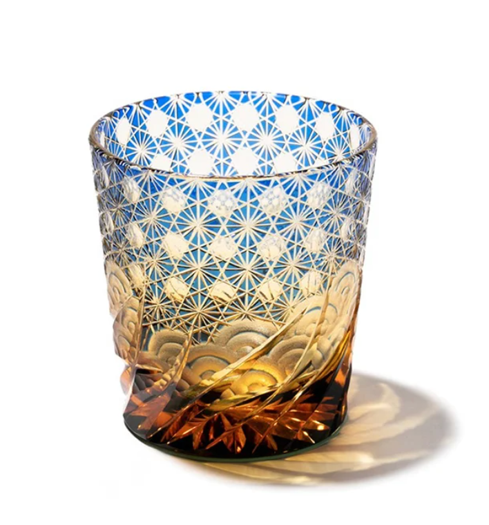 Yamada Edo Kiriko Whiskey Glass – “Ripple Series” 漣 (Amber Blue)