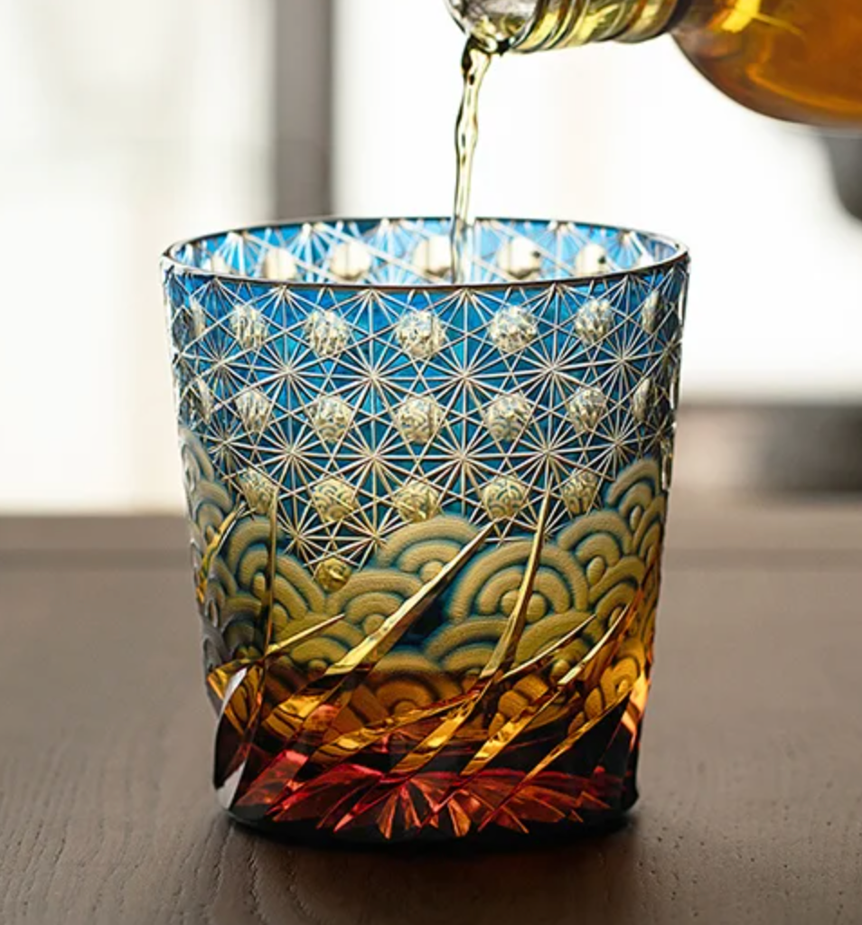 Yamada Edo Kiriko Whiskey Glass – “Ripple Series” 漣 (Amber Blue)