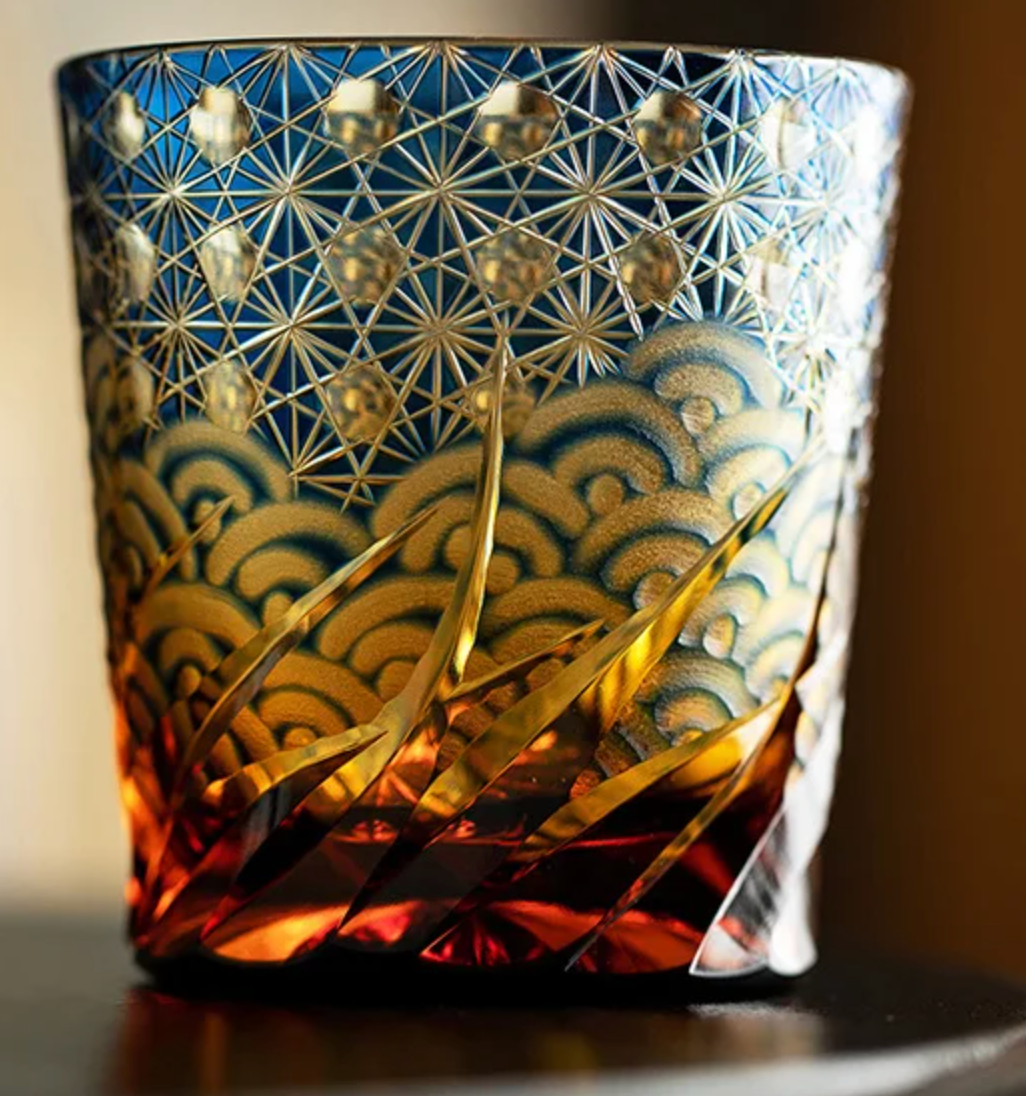 Yamada Edo Kiriko Whiskey Glass – “Ripple Series” 漣 (Amber Blue)