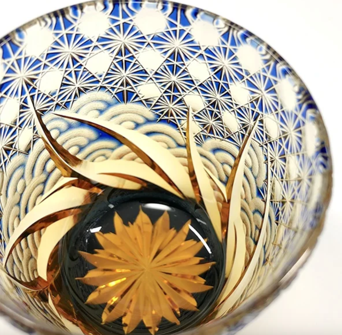 Yamada Edo Kiriko Whiskey Glass – “Ripple Series” 漣 (Amber Blue)