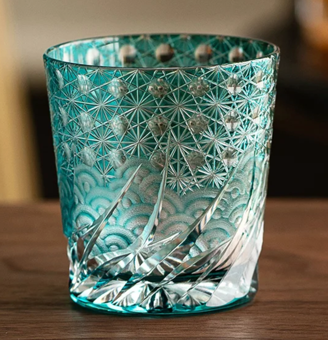 Yamada Edo Kiriko Whiskey Glass – “Ripple” 漣 Series (Amber Green)