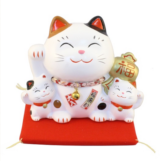Japanese Yakushigama "Happy Family" Maneki-neko (Lucky Cat) Coin Bank