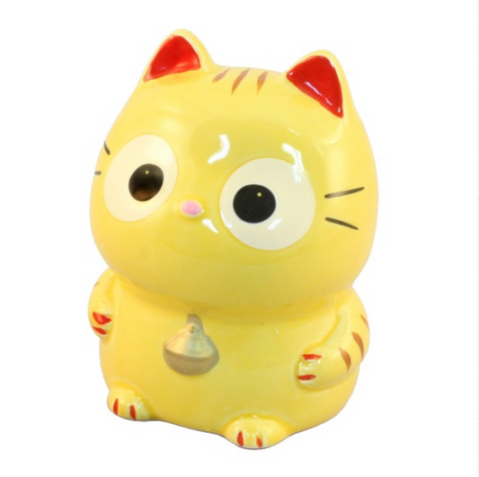 Japanese Yakushigama Piggy Bank – Cute Yellow Maneki-neko (Lucky Cat) Ornament with Big Eyes