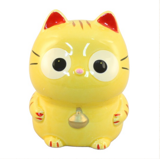 Japanese Yakushigama Piggy Bank – Cute Yellow Maneki-neko (Lucky Cat) Ornament with Big Eyes