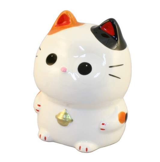 Japanese Yakushigama "Mike" Calico Maneki-Neko (Lucky Cat) Coin Bank – Cute Big-Eyed Design