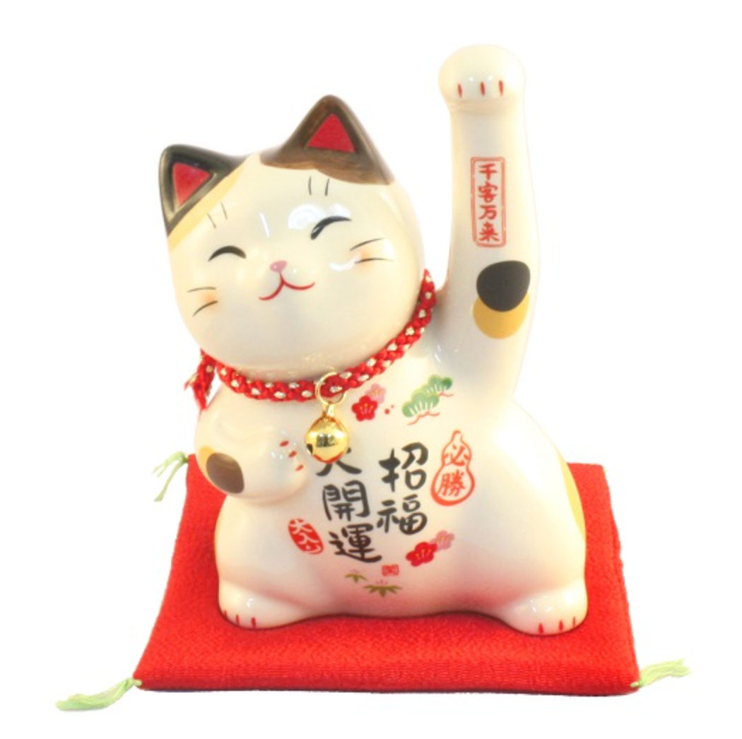 Japanese Yakushigama Maneki-neko (Lucky Cat) – Large, Hand-Painted "Victory" & "Financial Luck" Design  H14.5×W12×D12cm