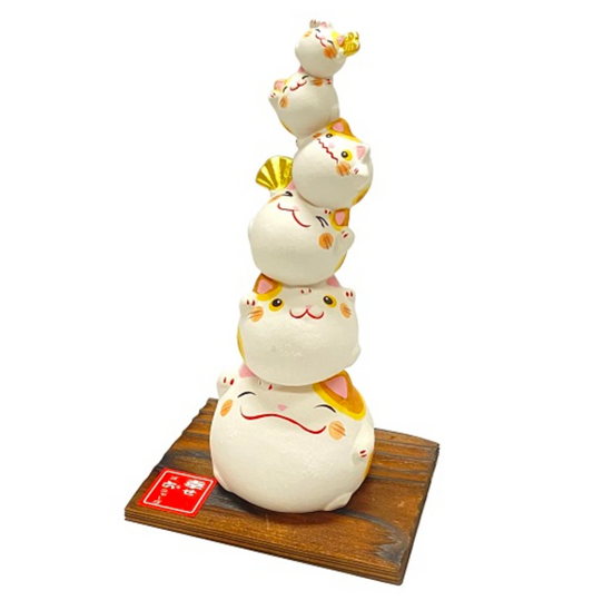 Japanese Yakushigama Maneki-neko (Lucky Cat) Ornament – "Stacking Good Luck"