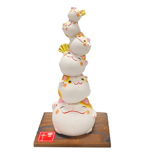 Japanese Yakushigama Maneki-neko (Lucky Cat) Ornament – "Stacking Good Luck"