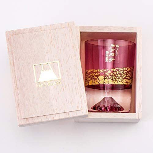 EDO GLASS Gold Leaf Fuji，Creative Mt. Fuji Cold Sake Glass  with wooden box TG20-016-1 GP golden red