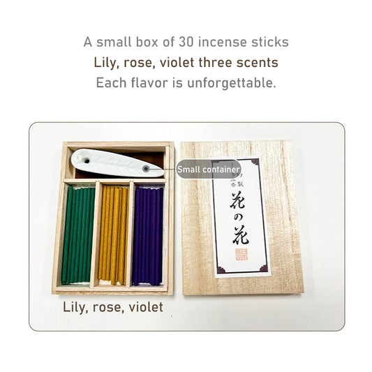 Japan NIPONN KODO Incense Hana-no-Hana 30pcs ,Gift Box, Mixed With 3 Scents (Rose, Violets and Lily) with incense stand