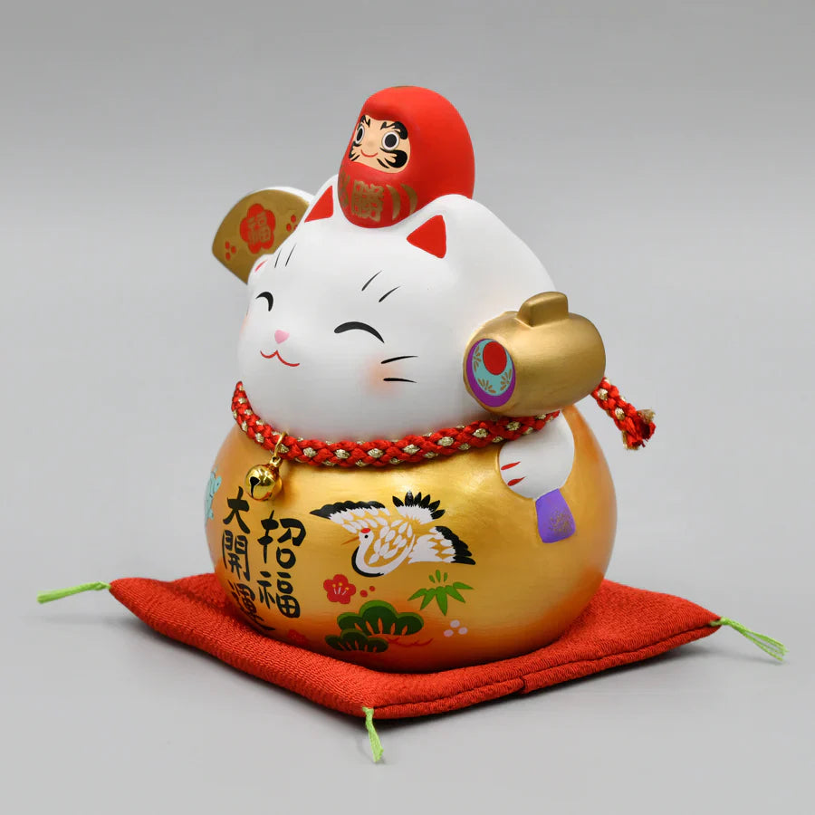 Japanese Yakushigama "Golden Fortune" Large Colorful "Victory" Daruma-Style Maneki-Neko (Lucky Cat) – For Attracting Good Fortune and Great Luck  #7689
