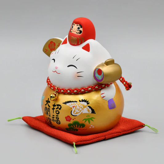 Japanese Yakushigama "Golden Fortune" Large Colorful "Victory" Daruma-Style Maneki-Neko (Lucky Cat) – For Attracting Good Fortune and Great Luck  #7689
