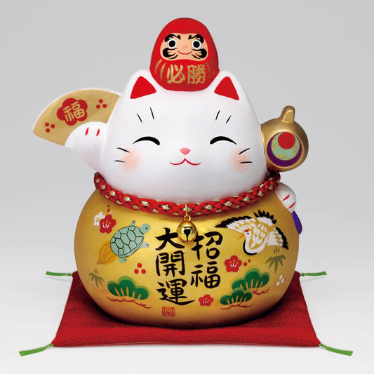 Japanese Yakushigama "Golden Fortune" Large Colorful "Victory" Daruma-Style Maneki-Neko (Lucky Cat) – For Attracting Good Fortune and Great Luck  #7689