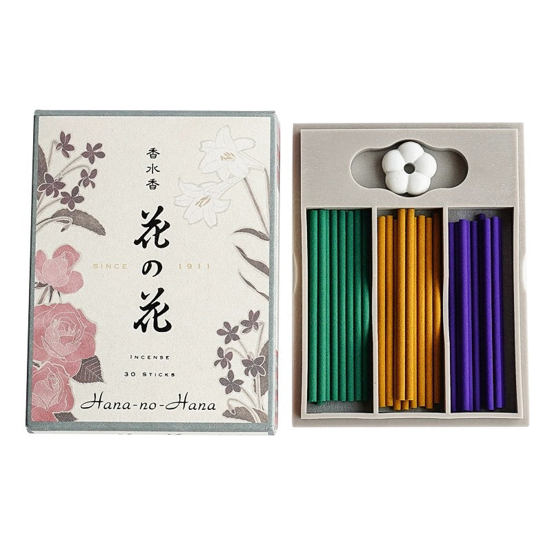 Japan NIPONN KODO Incense Hana-no-Hana 30pcs ，Gift Box, Mixed With 3 Scents (Rose, Violets and Jasmine) with incense stand