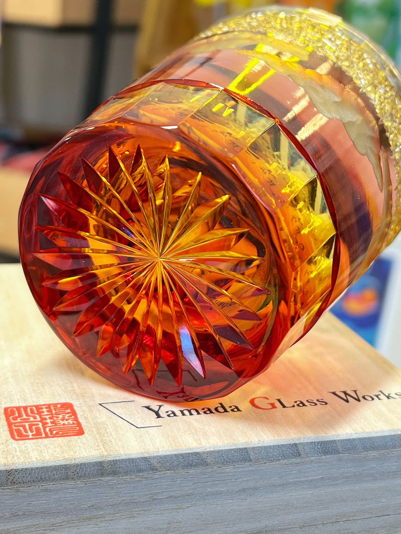 Yamada Glass Edo Kiriko “Shower Beneath the Mountain” Series Whiskey Glass – Amber Gold Red (260ml)