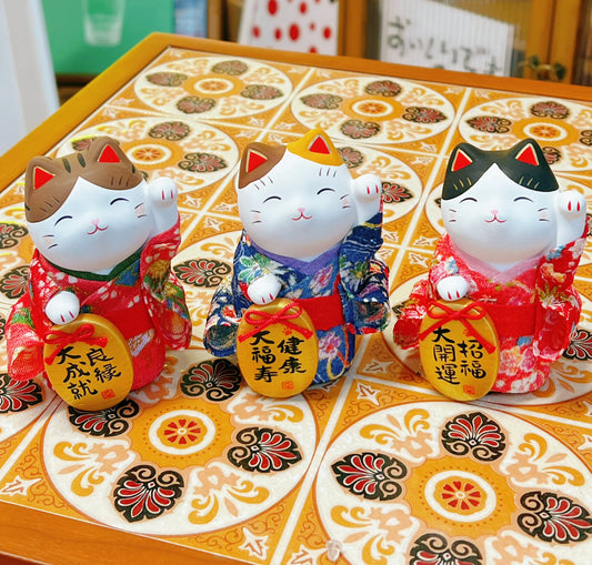 Japanese Yakushi Kiln Edo-style Cherry-men Lucky Cat - Three designs available.