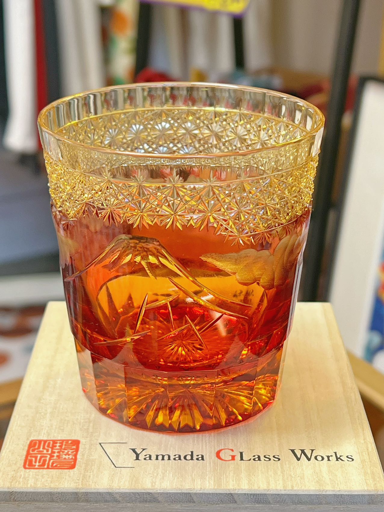 Yamada Glass Edo Kiriko “Shower Beneath the Mountain” Series Whiskey Glass – Amber Gold Red (260ml)