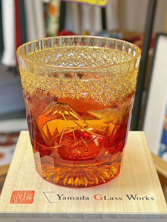 Yamada Glass Edo Kiriko “Shower Beneath the Mountain” Series Whiskey Glass – Amber Gold Red (260ml)