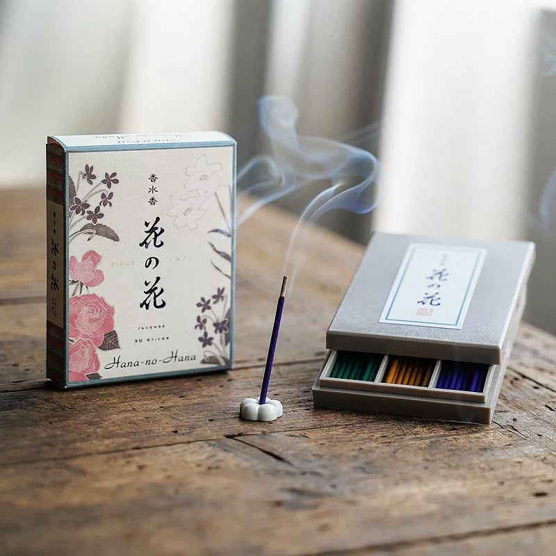 Japan NIPONN KODO Incense Hana-no-Hana 30pcs ，Gift Box, Mixed With 3 Scents (Rose, Violets and Jasmine) with incense stand