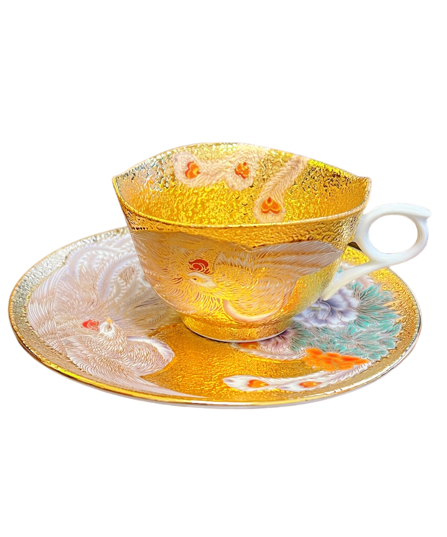 Arita Ware – Eguchi Tendo Hand-Painted Golden Phoenix Coffee & Tea Cup with Saucer (Gift Boxed)